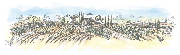 Wtercolor paisaje rural Mano dibujada con planta. Vector ilustra
 - Vector, imagen
