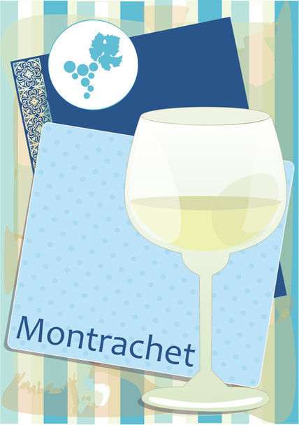 Vector design for menu, invitation, card with glass for white French wine - Montrachet on decorative background with stripes - Vector, Image