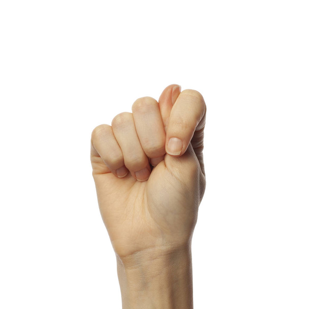 Letra de deletreo del dedo T en lenguaje de señas americano sobre fondo blanco. Concepto ASL
 - Foto, Imagen