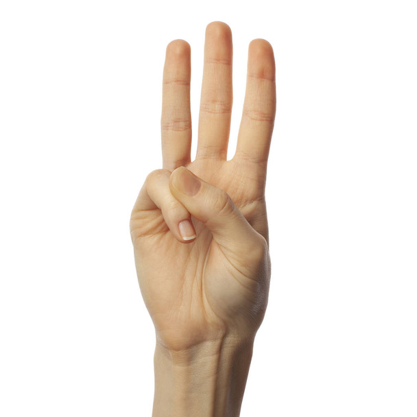 Letra de deletreo del dedo W en lenguaje de señas americano sobre fondo blanco. Concepto ASL
 - Foto, Imagen