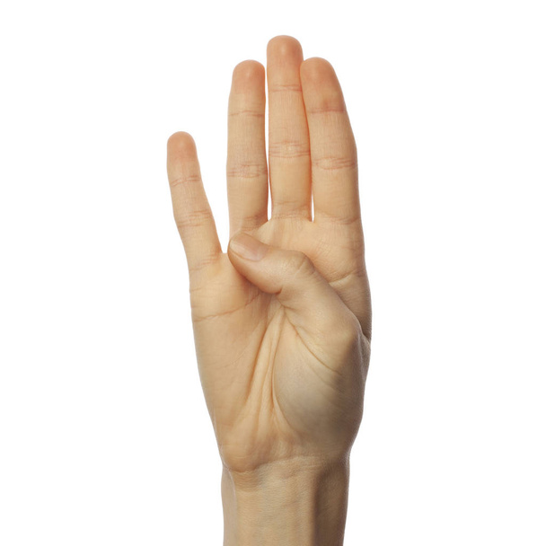 Finger spelling letter B in American Sign Language on white background. Conceito ASL
 - Foto, Imagem
