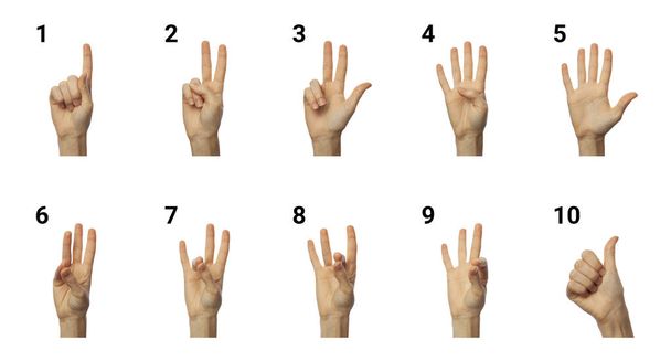 Mujer deletreando números del 1 al 10 sobre fondo blanco. Concepto de lenguaje de señas
 - Foto, imagen