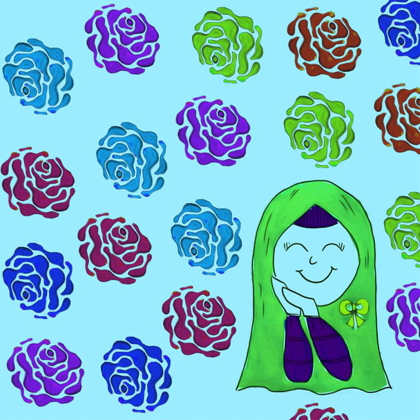 Kézrajz rajzfilm karakter muszlim nő visel hidzsáb, ő kevés mosolygott az arcán.Iszlám lány, színes virágok és felhők ég felett fehér háttér.Kreatív sorozat toll vonal. - Fotó, kép