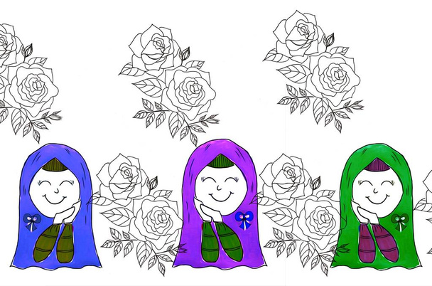 Hand drawing with cartoon character of muslim woman wearing hijab,she has little smiled on her face.Islamic girl,colorful flowers and clouds sky on over white background.Creative series with pen line. - Photo, Image