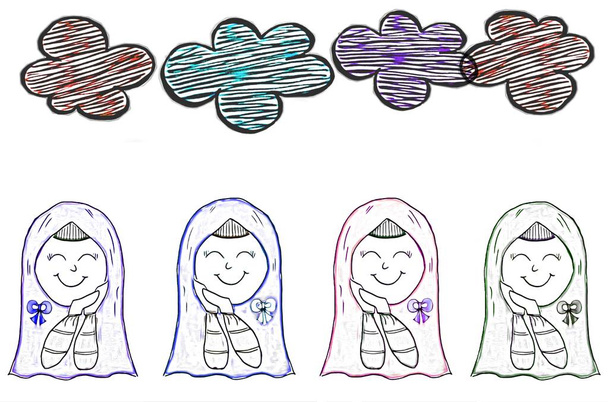 Ręczny rysunek z postacią z kreskówki muzułmańskiej kobiety noszącej hidżab, ma trochę uśmiechnięty na twarzy.Islamska dziewczyna, kolorowe kwiaty i chmury niebo na białym tle.Kreatywna seria z linii długopisu. - Zdjęcie, obraz