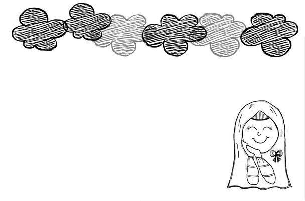 Ζωγραφική στο χέρι με χαρακτήρα κινουμένων σχεδίων της γυναίκας μουσουλμάνων φορώντας μαντίλα, έχει λίγο χαμογέλασε στο πρόσωπό της.Ισλαμικό κορίτσι, πολύχρωμα λουλούδια και σύννεφα στον ουρανό πάνω από λευκό φόντο.Δημιουργική σειρά με γραμμή στυλό. - Φωτογραφία, εικόνα
