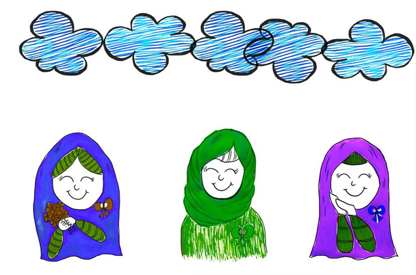 Handtekening met cartoon karakter van moslim vrouw dragen hijab, ze heeft weinig glimlach op haar gezicht.Islamitisch meisje, kleurrijke bloemen en wolken lucht op over witte achtergrond.Creatieve serie met pen lijn. - Foto, afbeelding