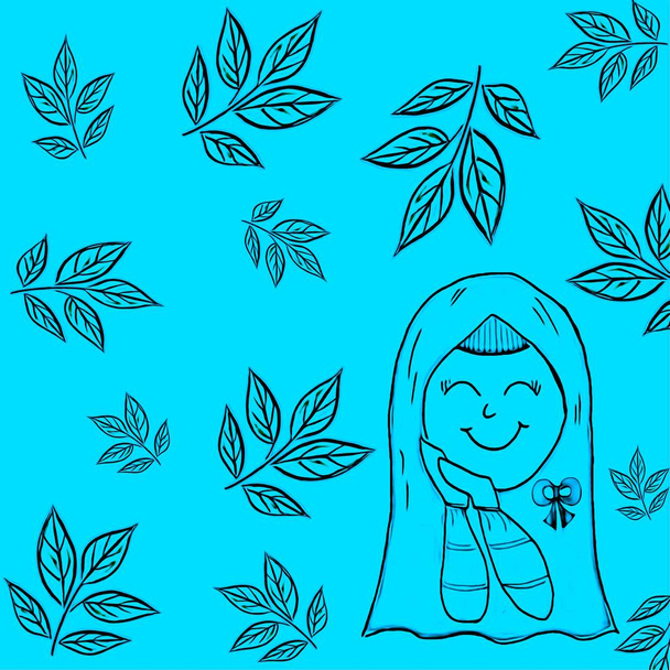 Ручной рисунок с мультяшным персонажем мусульманки носить хиджаб, она немного улыбнулась на ее лице. Исламская девушка, красочные цветы и облака небо на более белом фоне.
. - Фото, изображение