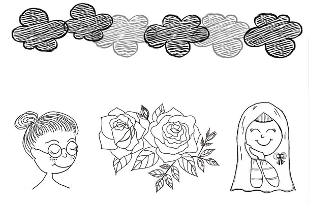 Ζωγραφική στο χέρι με χαρακτήρα κινουμένων σχεδίων της γυναίκας μουσουλμάνων φορώντας μαντίλα, έχει λίγο χαμογέλασε στο πρόσωπό της.Ισλαμικό κορίτσι, πολύχρωμα λουλούδια και σύννεφα στον ουρανό πάνω από λευκό φόντο.Δημιουργική σειρά με γραμμή στυλό. - Φωτογραφία, εικόνα
