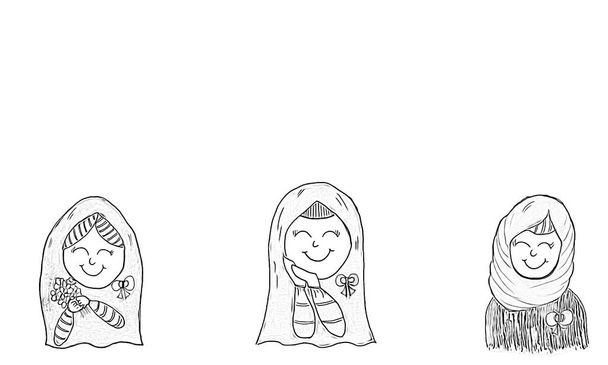 Handtekening met cartoon karakter van moslim vrouw dragen hijab, ze heeft weinig glimlach op haar gezicht.Islamitisch meisje, kleurrijke bloemen en wolken lucht op over witte achtergrond.Creatieve serie met pen lijn. - Foto, afbeelding