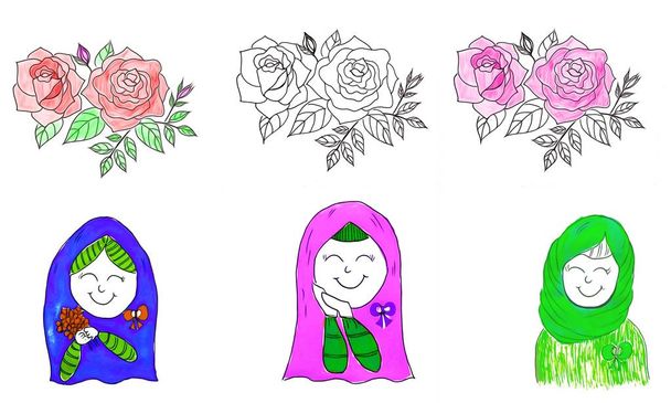 Kézrajz rajzfilm karakter muszlim nő visel hidzsáb, ő kevés mosolygott az arcán.Iszlám lány, színes virágok és felhők ég felett fehér háttér.Kreatív sorozat toll vonal. - Fotó, kép