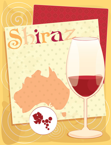 Vektor-Design für Menü, Einladung, Karte mit Glas für australischen Rotwein - Shiraz im Hintergrund mit Australien-Karte, geometrisches Ornament - Vektor, Bild