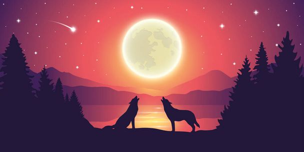 Két farkas vonyít a tónál teliholdkor a csillagos égen. - Vektor, kép