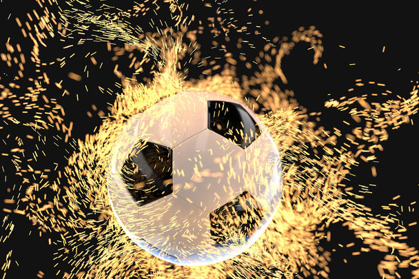 Płonąca piłka nożna z ciemnym tle, renderowanie 3d. - Zdjęcie, obraz