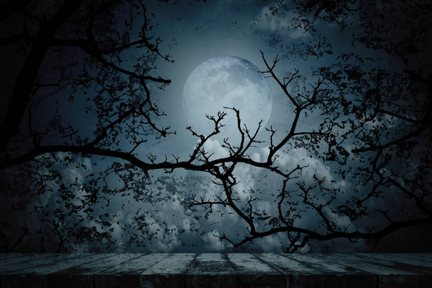 Scary horror background with empty wooden planks. Spooky forest in full moon night. - Photo, Image