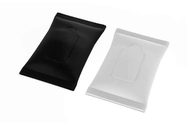 realistické bílé a černé mokré ubrousky balíček set detailní izolované na bílém pozadí. 3D ilustrace - Fotografie, Obrázek