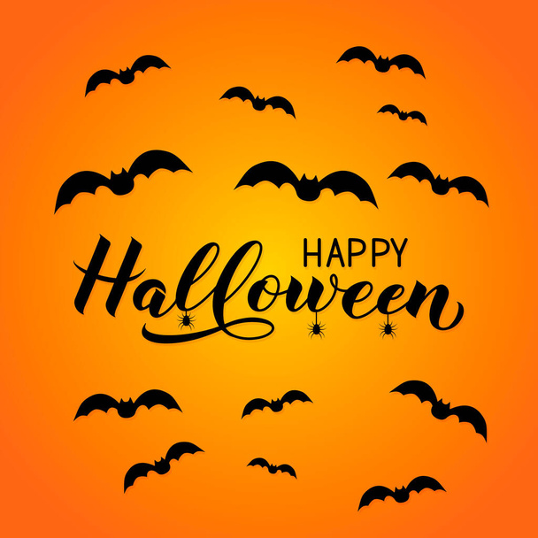 Happy Halloween calligraphy hand lettering with silhouette of spiders and bats. Easy to edit vector template for greeting card, banner, typography poster, party invitation, t-shirt, etc. - Vector, afbeelding