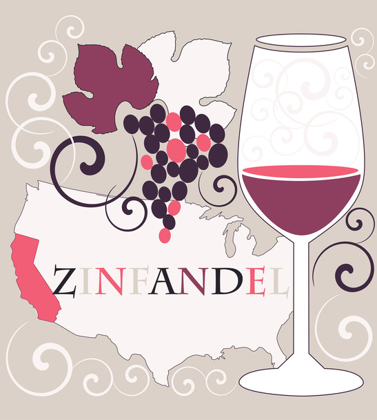 Decorative design for menu, invitation, card with glass for California red wine - zinfandel on arabesque background - Вектор, зображення