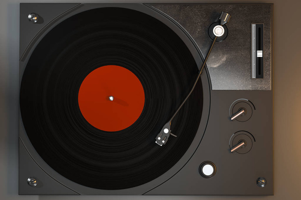 The dark vinyl record player on the table, 3d rendering. - 写真・画像