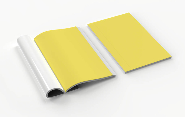 Magazyn ze zwiniętymi białymi kartkami papieru na białym tle. puste książki, katalogi lub broszury ze złożonymi arkuszami makiety. Ilustracja 3D - Zdjęcie, obraz