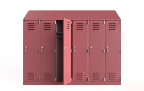kovové skříňky otevírají dveře. Skříňky ve škole nebo tělocvičně se stříbrnými držadly a zámky. Bezpečnostní schránka s dveřmi, skříň, přihrádka. 3D ilustrace - Fotografie, Obrázek