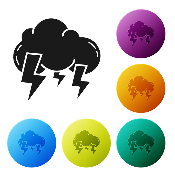 Fekete Vihar ikon elszigetelt fehér háttérrel. Felhő és villám jel. A vihar időjárási jelképe. Állítsa ikonok színes kör gombok. Vektorillusztráció - Vektor, kép