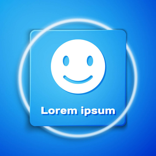 Bílý úsměv tvář ikona izolované na modrém pozadí. Usmívající se emotikon. Symbol šťastného úsměvu. Modré tlačítko. Vektorová ilustrace - Vektor, obrázek