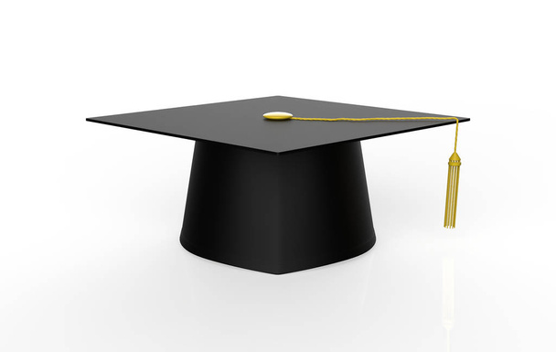 Graduiertenmütze mit goldener Quaste auf weißem Hintergrund. 3D-Illustration - Foto, Bild