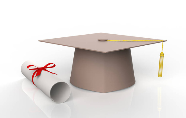 Καπάκι αποφοίτησης με χρυσή φούντα που απομονώνεται σε λευκό φόντο. 3D εικονογράφηση - Φωτογραφία, εικόνα