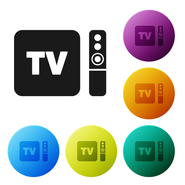 Récepteur et lecteur multimédia et TV noir avec icône de télécommande isolée sur fond blanc. Définir des icônes boutons de cercle colorés. Illustration vectorielle
 - Vecteur, image