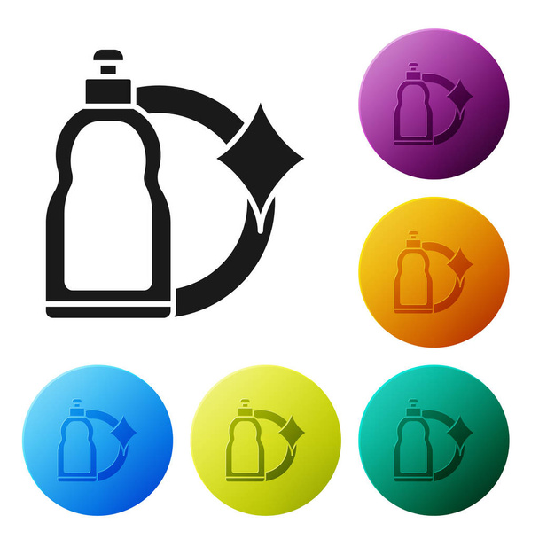Fekete műanyag palack folyékony mosószer, fehérítő, mosogatószer folyadék vagy más tisztítószer ikon izolált fehér alapon. Állítsa ikonok színes kör gombok. Vektorillusztráció - Vektor, kép