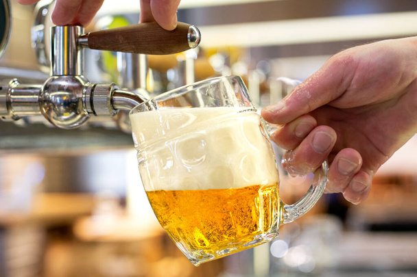 A man pouring draft lager beer into a dimpled glass mug  in a mo - Foto, Bild