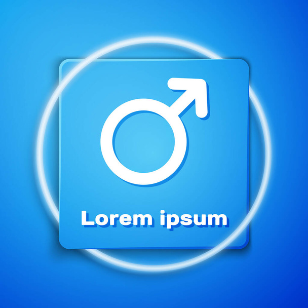weißes männliches Gender-Symbol auf blauem Hintergrund. blauer quadratischer Knopf. Vektorillustration - Vektor, Bild