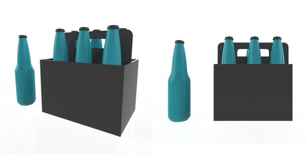 botellas de cerveza de vidrio en caja negra sobre fondo blanco. ilustración 3d
 - Foto, imagen