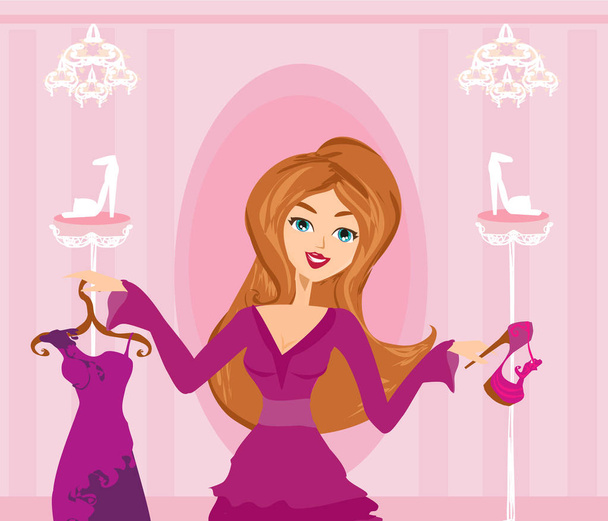 Smiling woman in pink dress on fashion shopping - Вектор, зображення