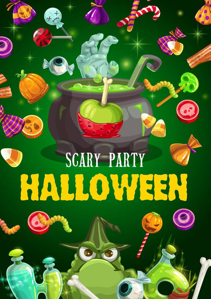 Halloween-Bonbons, Zauberkessel und Zombie-Hand - Vektor, Bild