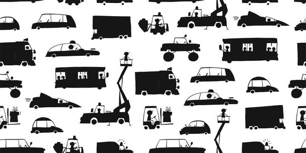 Baby toy cars collection, black silhouettes. Seamless pattern for fabric design - Vector, Image
