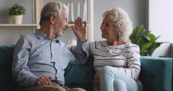 Happy senior grandparents couple relaxing talking laughing sitting on couch - Imágenes, Vídeo