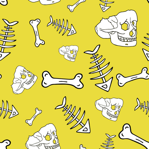 Seamless pattern made of skulls and bones in engravig style on yellow background. Halloween pattern - 写真・画像