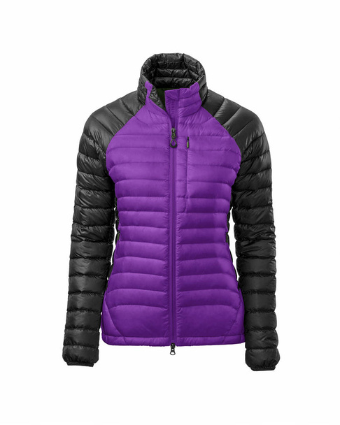 Women's purple with black warm sport puffer jacket isolated over white background. Ghost mannequin photography - Photo, Image