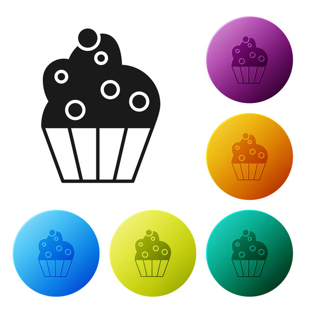 Černá Cupcake ikona izolované na bílém pozadí. Nastavte barevná tlačítka kružnice. Vektorová ilustrace - Vektor, obrázek