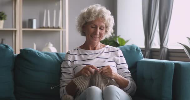 Smiling old grandma knitting scarf enjoying leisure hobby at home - Felvétel, videó
