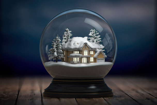 Glass snow globe and a house with lights in windows in the night - Foto, immagini