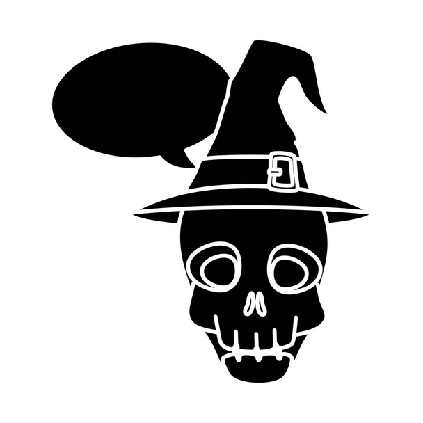 schedel halloween met hoed heks en spraakbel - Vector, afbeelding