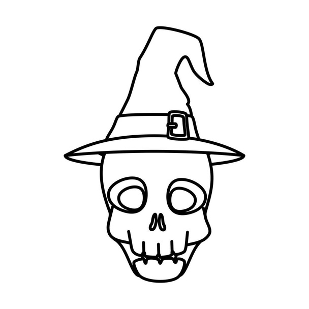 schedel halloween met hoed heks geïsoleerde pictogram - Vector, afbeelding