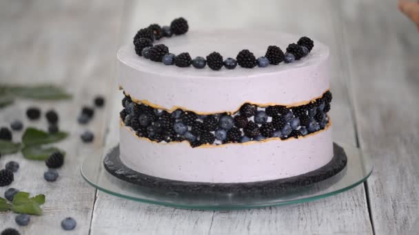 A cukrász egy gyönyörű tortát díszít áfonyával és szederrel.. - Felvétel, videó