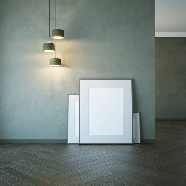 empty room with light and blank pictures, 3d rendering - Fotoğraf, Görsel