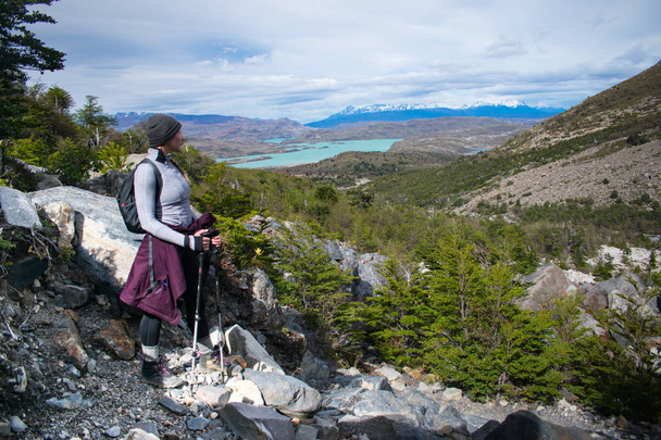 Female Hiker Overlooking Torres del Paine National Park, Patagon - 写真・画像