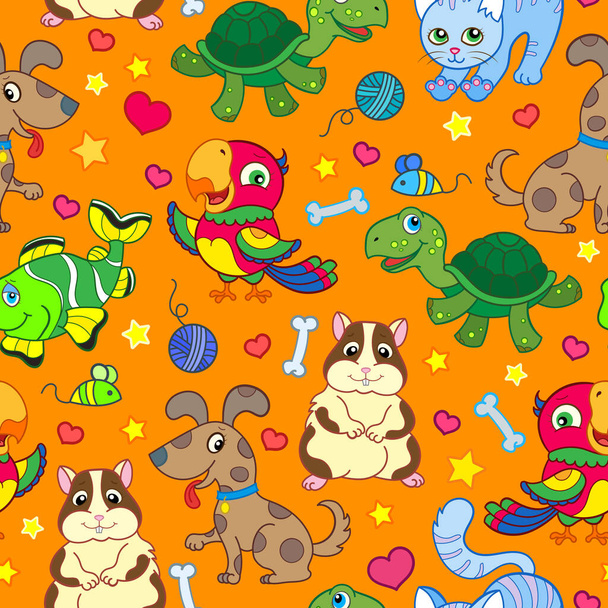 Patrón sin costuras con linda casa de dibujos animados Mascotas, animales divertidos brillantes sobre un fondo naranja
 - Vector, imagen