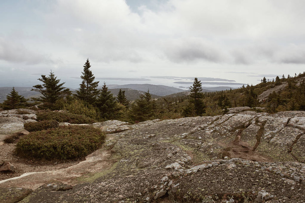 Hiking along granite bedrock on the summit of Cadillac Mountain in Acadia National Park on Mount Desert Island, Maine.   - Foto, afbeelding